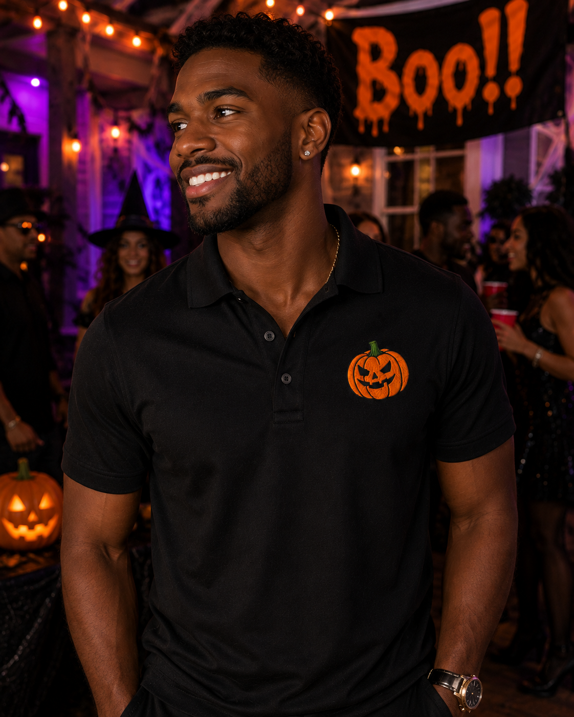 Embroidered Halloween Pumpkin Polo Shirt, Jack O Lantern Polo, Spooky Halloween Shirt, Premium Black Performance Polo, Halloween Golf Shirt.