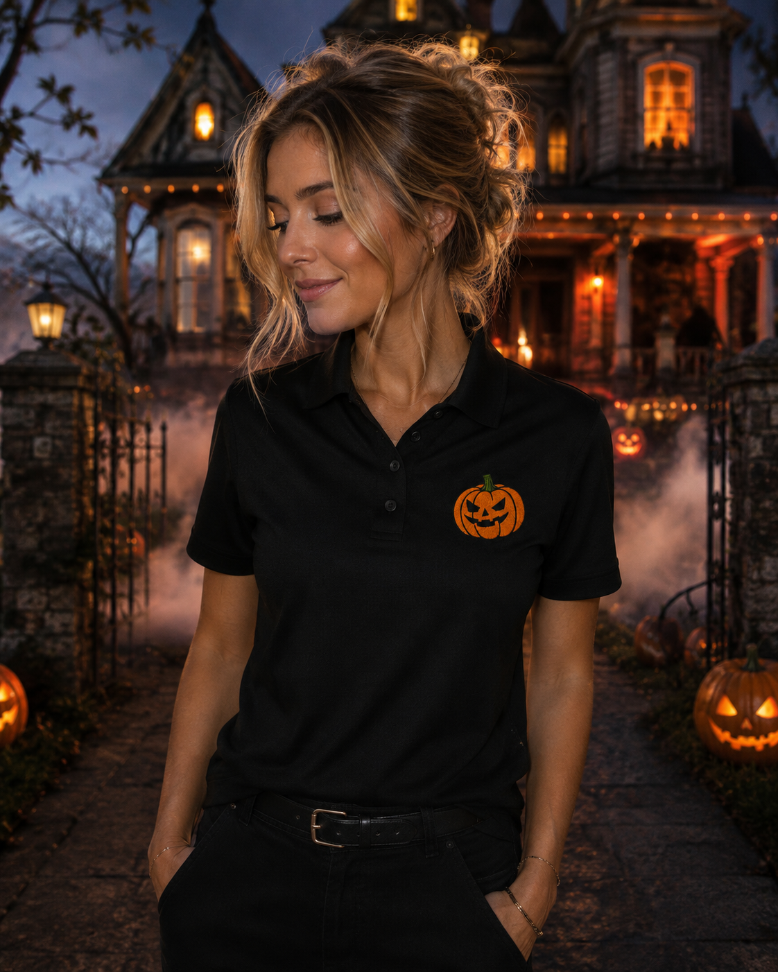 Embroidered Halloween Pumpkin Polo Shirt, Jack O Lantern Polo, Spooky Halloween Shirt, Premium Black Performance Polo, Halloween Golf Shirt.