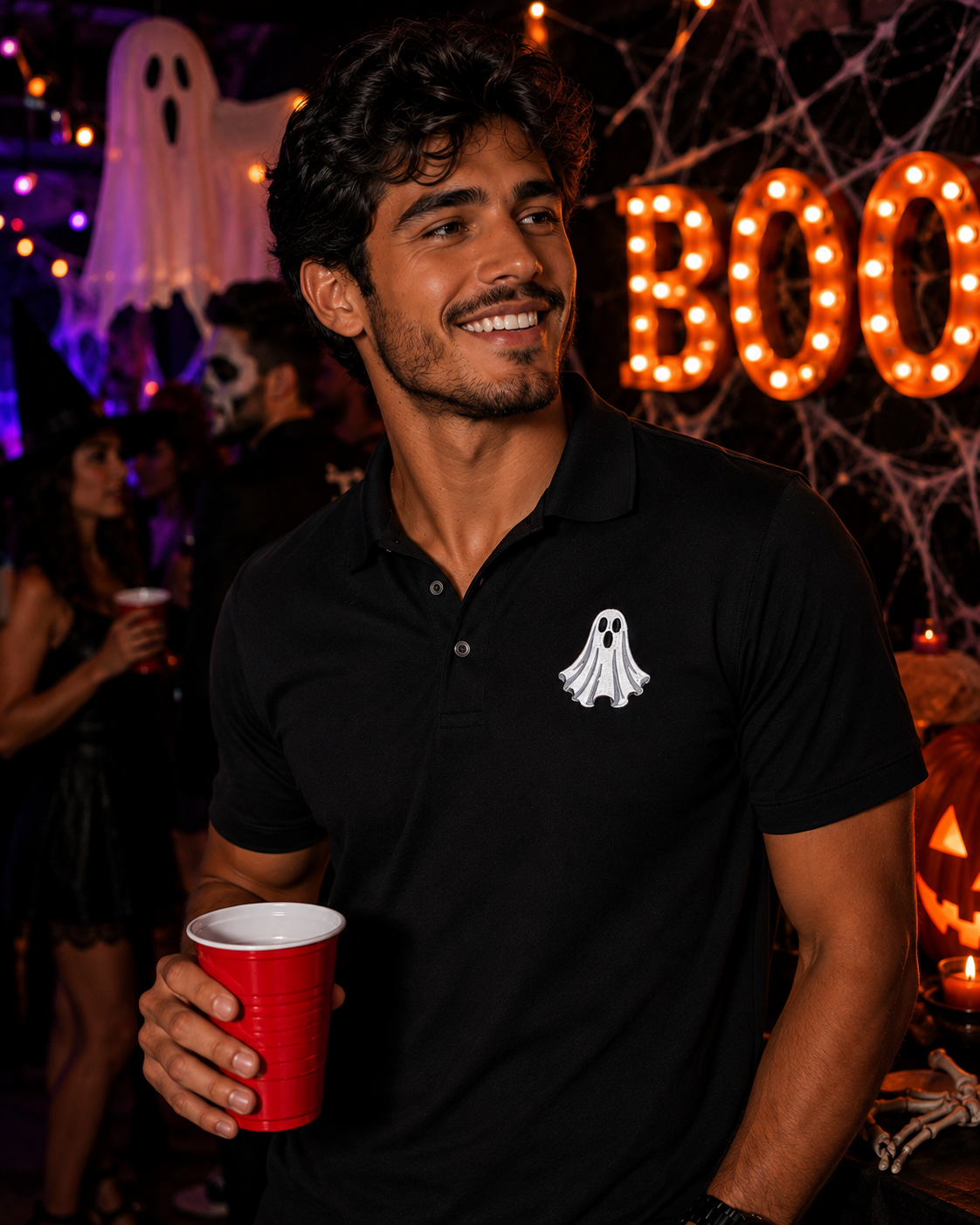 Embroidered Halloween Ghost Polo Shirt, Spooky Ghost Polo, Premium Halloween Polo, Mercer + Mettle Performance Polo, Halloween Golf Shirt.