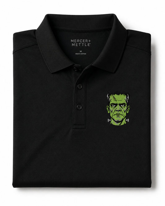 Embroidered Green Monster Halloween Polo Shirt, Vintage Spooky Monster Polo, Premium Halloween Golf Shirt, Halloween Performance Polo.