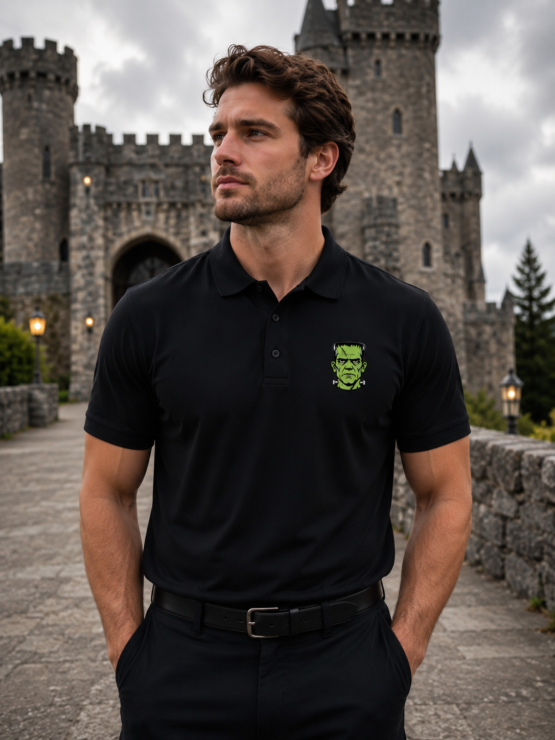 Embroidered Green Monster Halloween Polo Shirt, Vintage Spooky Monster Polo, Premium Halloween Golf Shirt, Halloween Performance Polo.