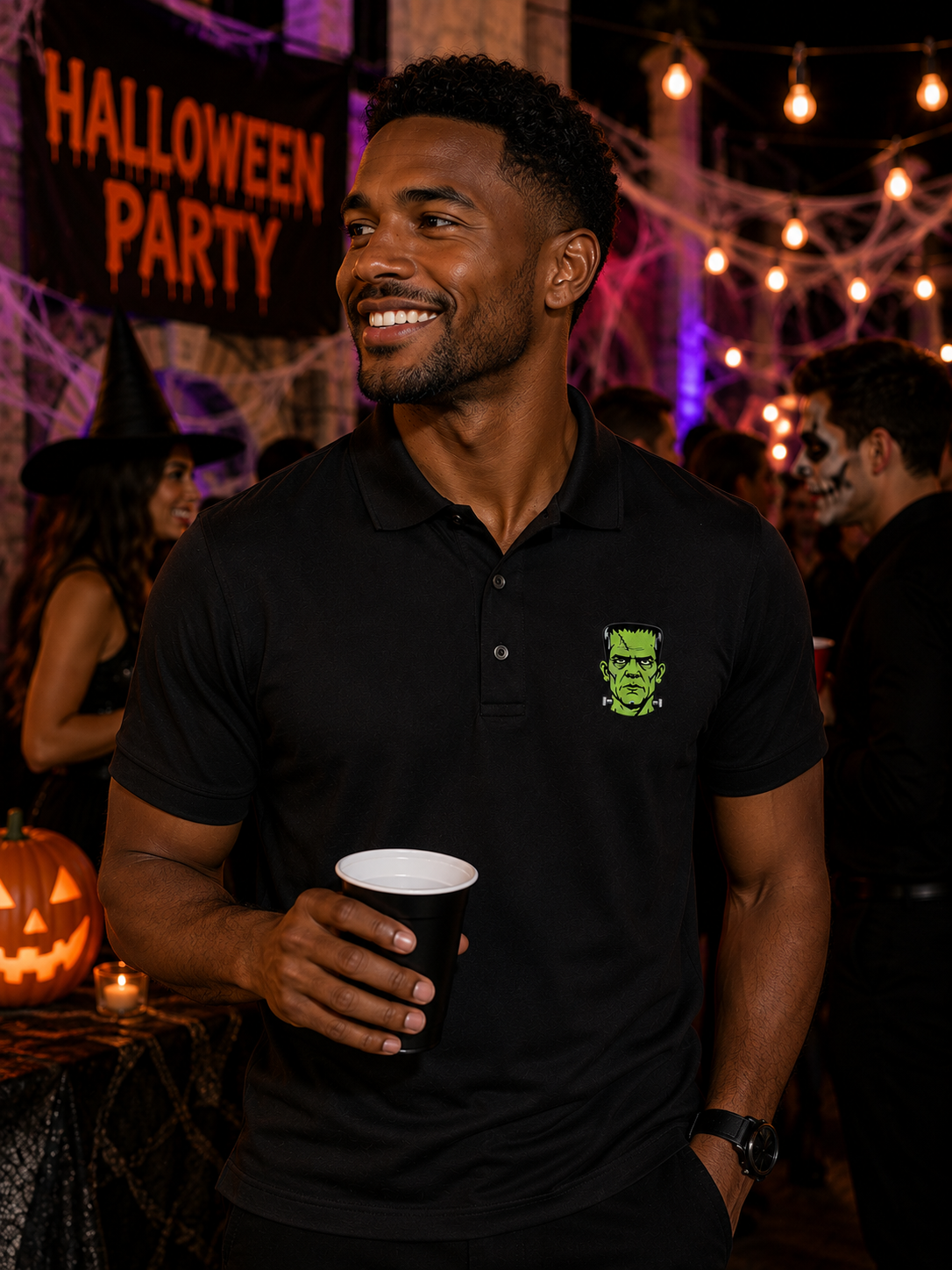 Embroidered Green Monster Halloween Polo Shirt, Vintage Spooky Monster Polo, Premium Halloween Golf Shirt, Halloween Performance Polo.
