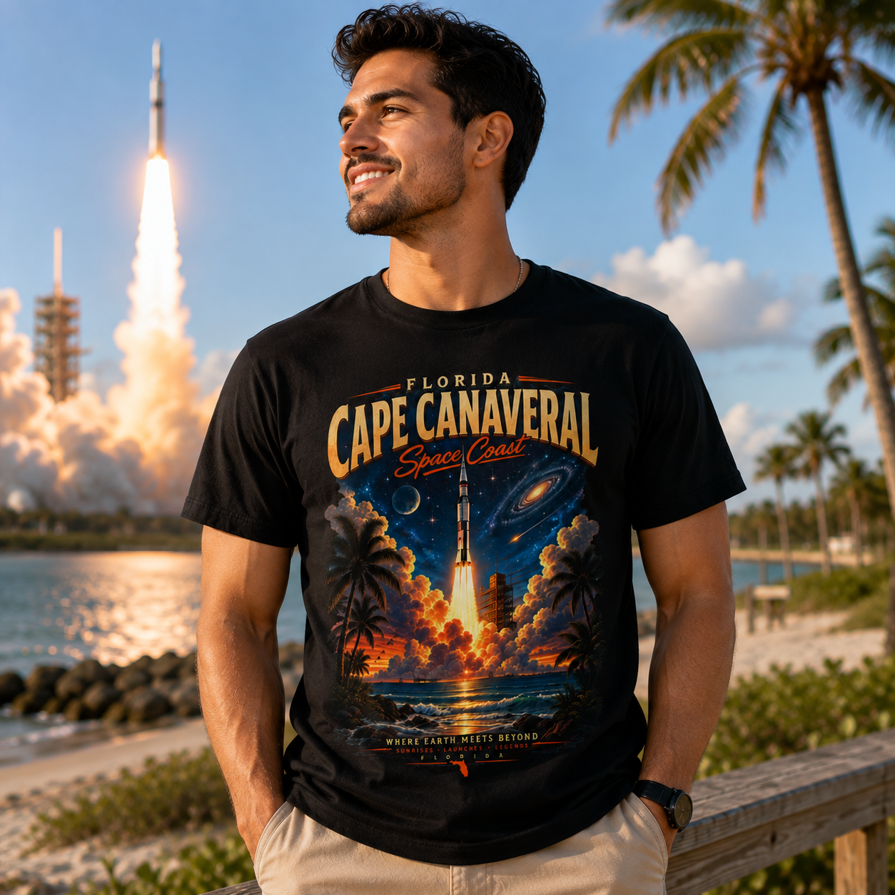 Cape Canaveral Florida Space Coast Rocket Launch Graphic T Shirt.