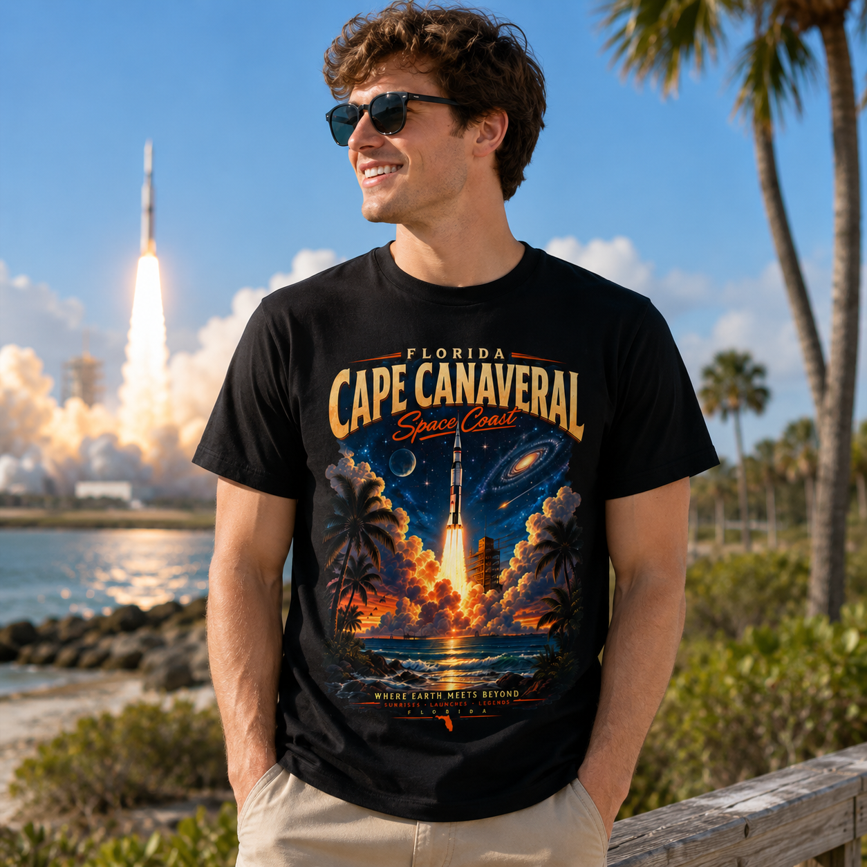 Cape Canaveral Florida Space Coast Rocket Launch Graphic T Shirt.