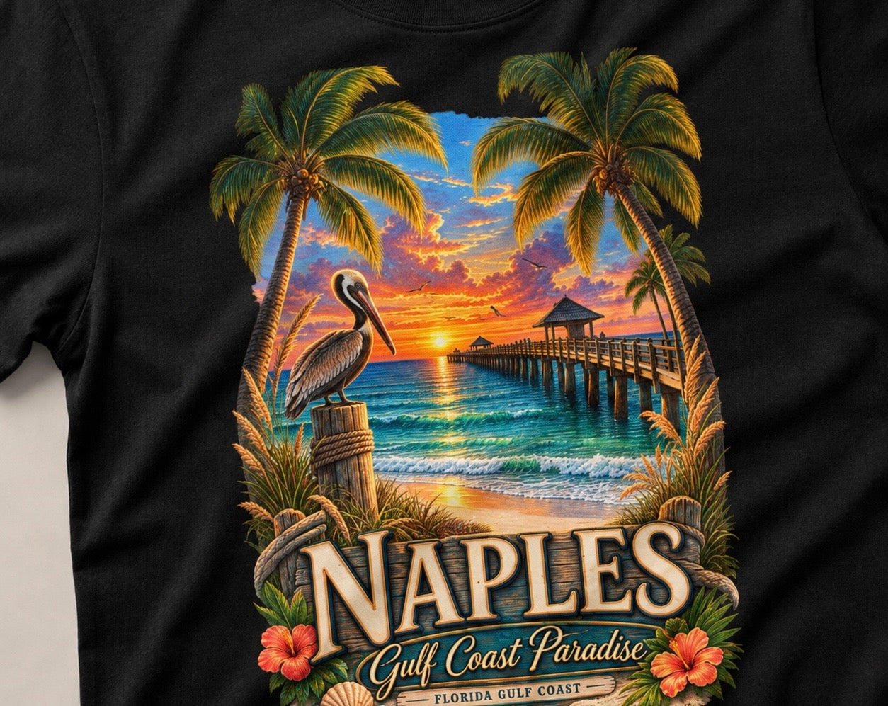 Naples Florida Gulf Coast Paradise Shirt Vintage Naples Pier Pelican Sunset Beach Graphic Tee Florida Vacation Souvenir.