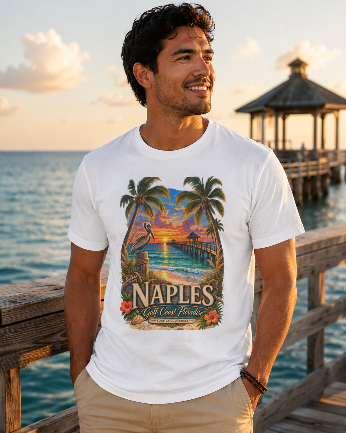 Naples Florida Gulf Coast Paradise Shirt Vintage Naples Pier Pelican Sunset Beach Graphic Tee Florida Vacation Souvenir.