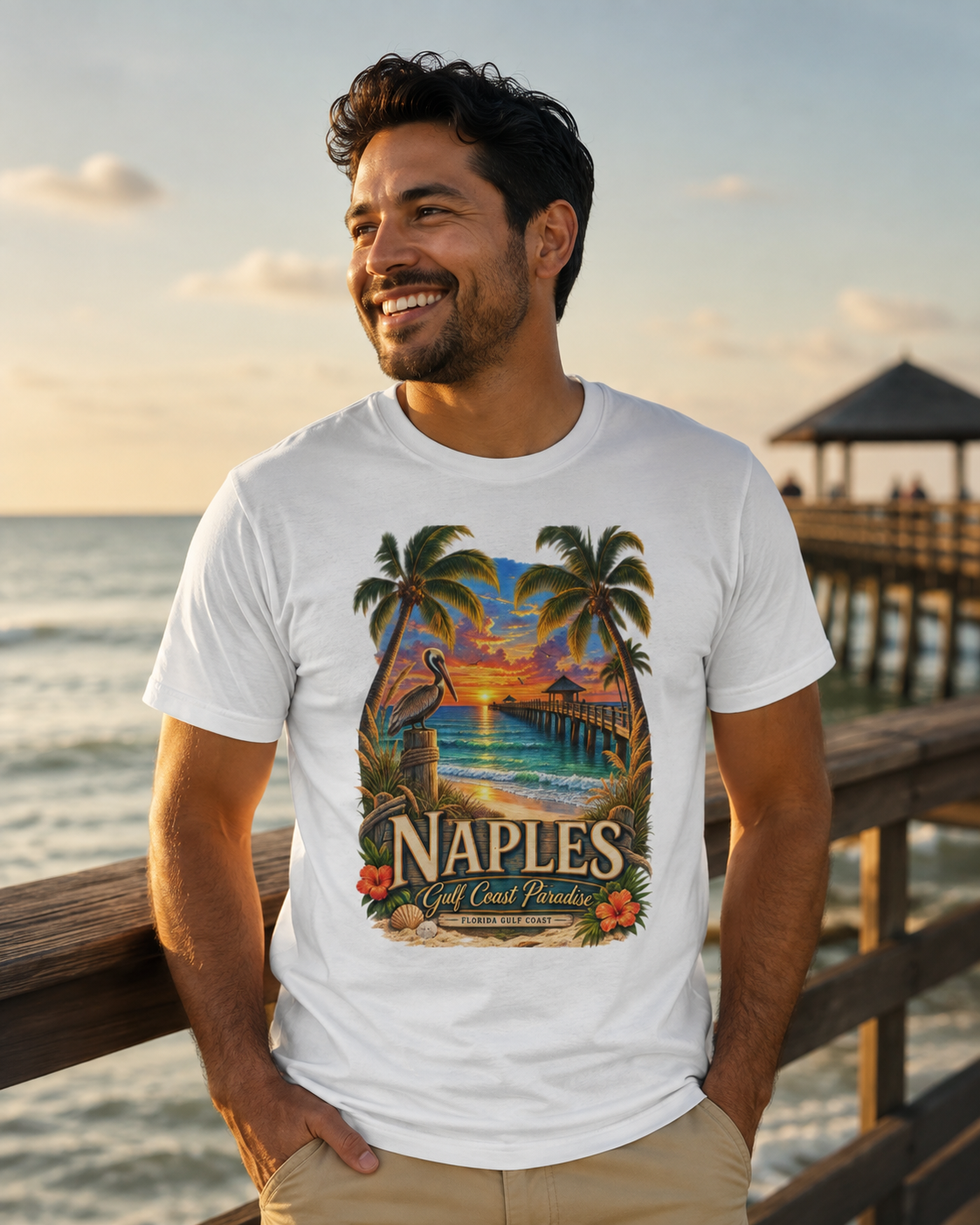 Naples Florida Gulf Coast Paradise Shirt Vintage Naples Pier Pelican Sunset Beach Graphic Tee Florida Vacation Souvenir.