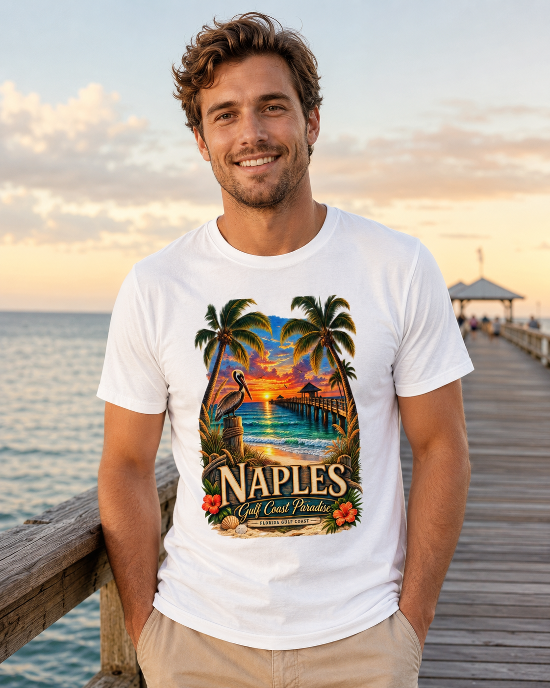 Naples Florida Gulf Coast Paradise Shirt Vintage Naples Pier Pelican Sunset Beach Graphic Tee Florida Vacation Souvenir.