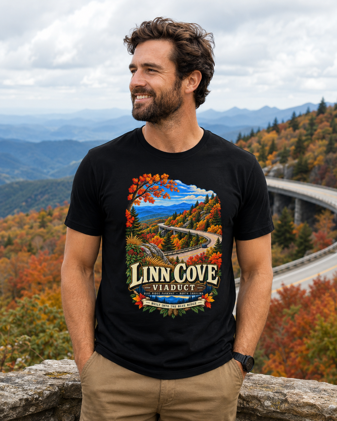 Linn Cove Viaduct T-Shirt, Blue Ridge Parkway North Carolina Mountain Graphic Tee.