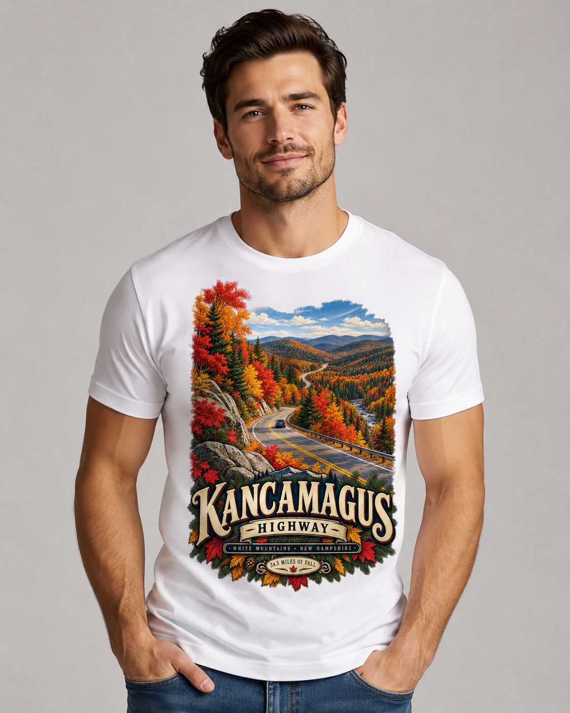 Kancamagus Highway Autumn Landscape T-Shirt | White Tee.