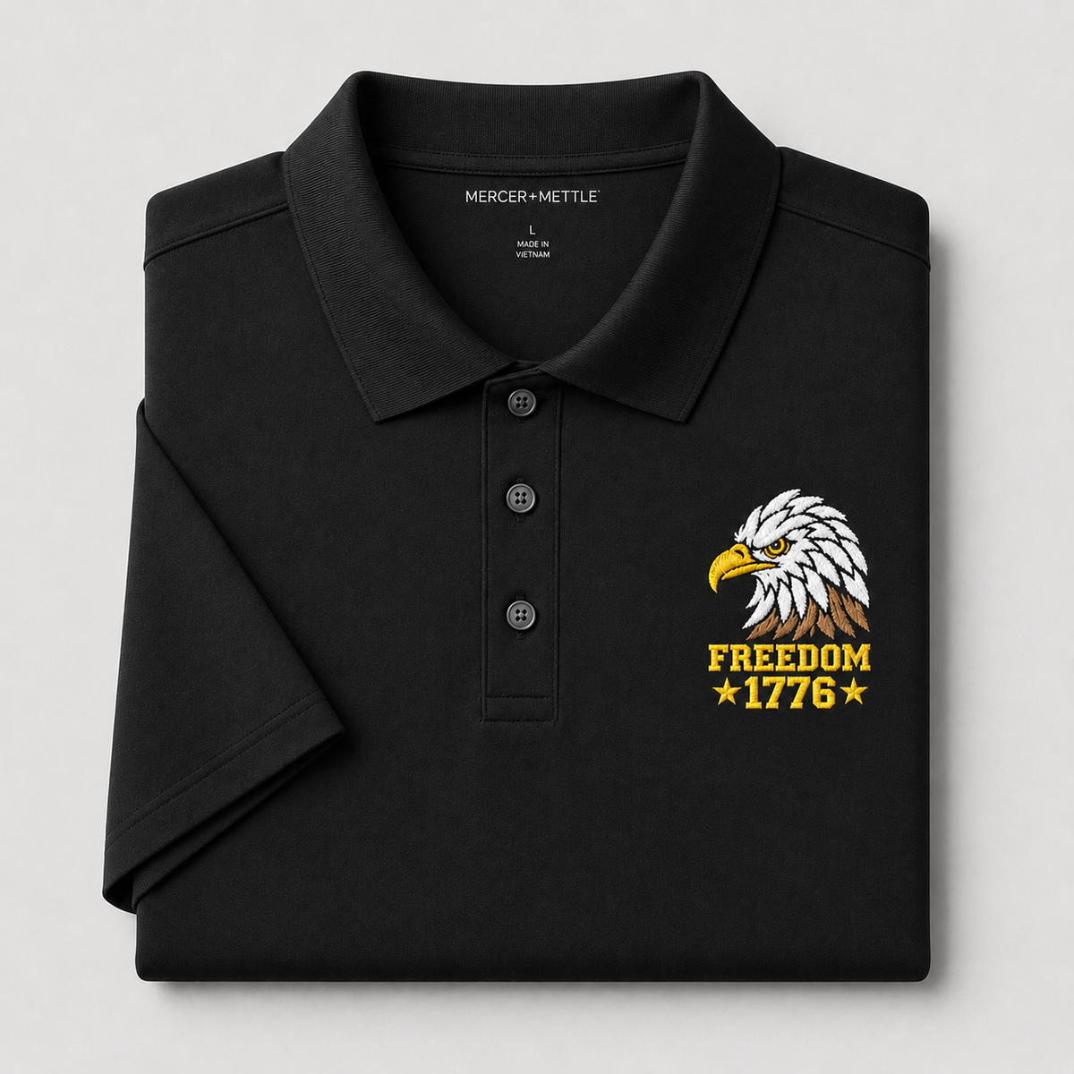 Freedom Eagle 1776 Embroidered Polo Shirt | USA Patriotic Performance Polo | Premium Mercer+Mettle Golf Polo Embroidery - Black Polo
