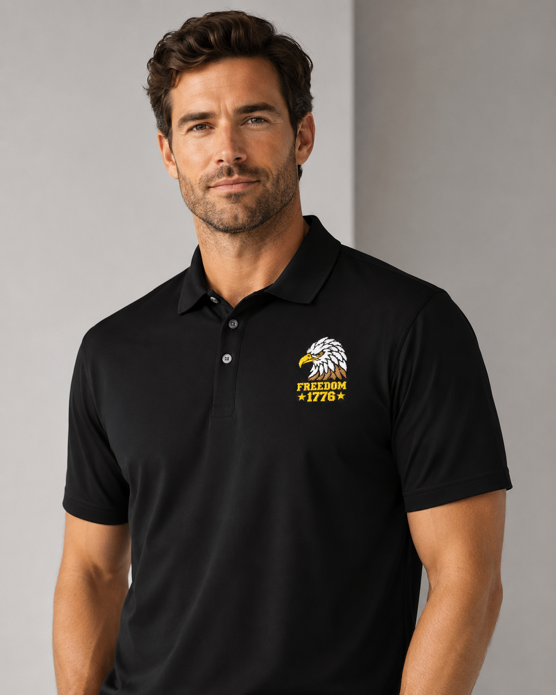 Freedom Eagle 1776 Embroidered Polo Shirt | USA Patriotic Performance Polo | Premium Mercer+Mettle Golf Polo Embroidery - Black Polo