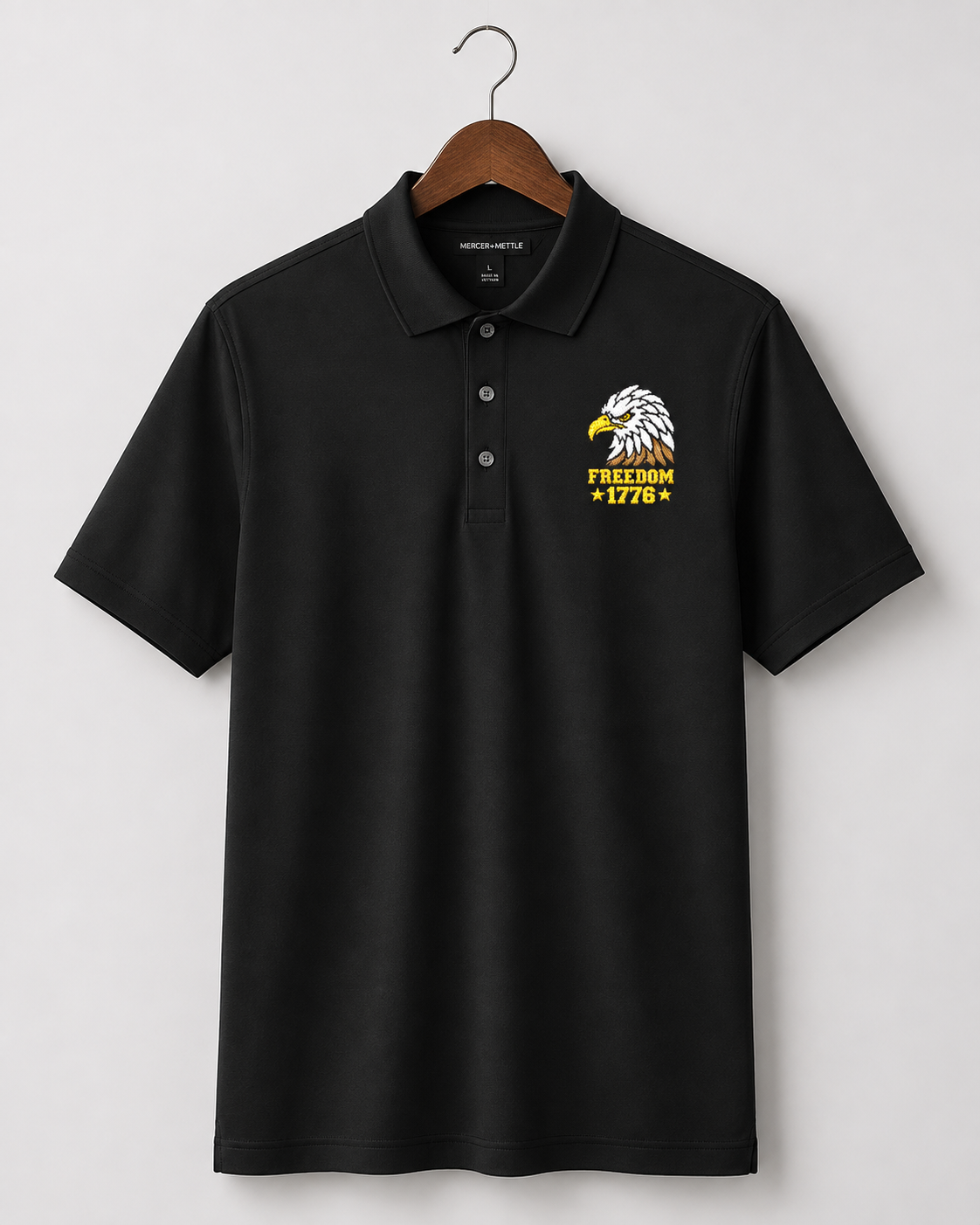 Freedom Eagle 1776 Embroidered Polo Shirt | USA Patriotic Performance Polo | Premium Mercer+Mettle Golf Polo Embroidery - Black Polo