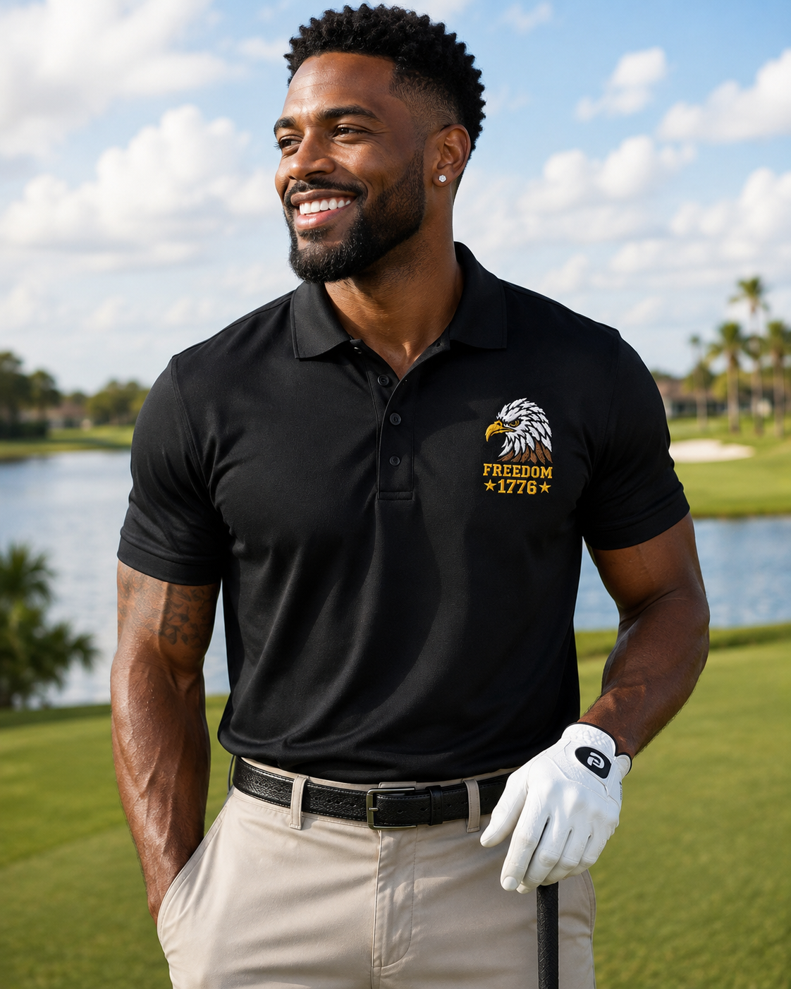 Freedom Eagle 1776 Embroidered Polo Shirt | USA Patriotic Performance Polo | Premium Mercer+Mettle Golf Polo Embroidery - Black Polo