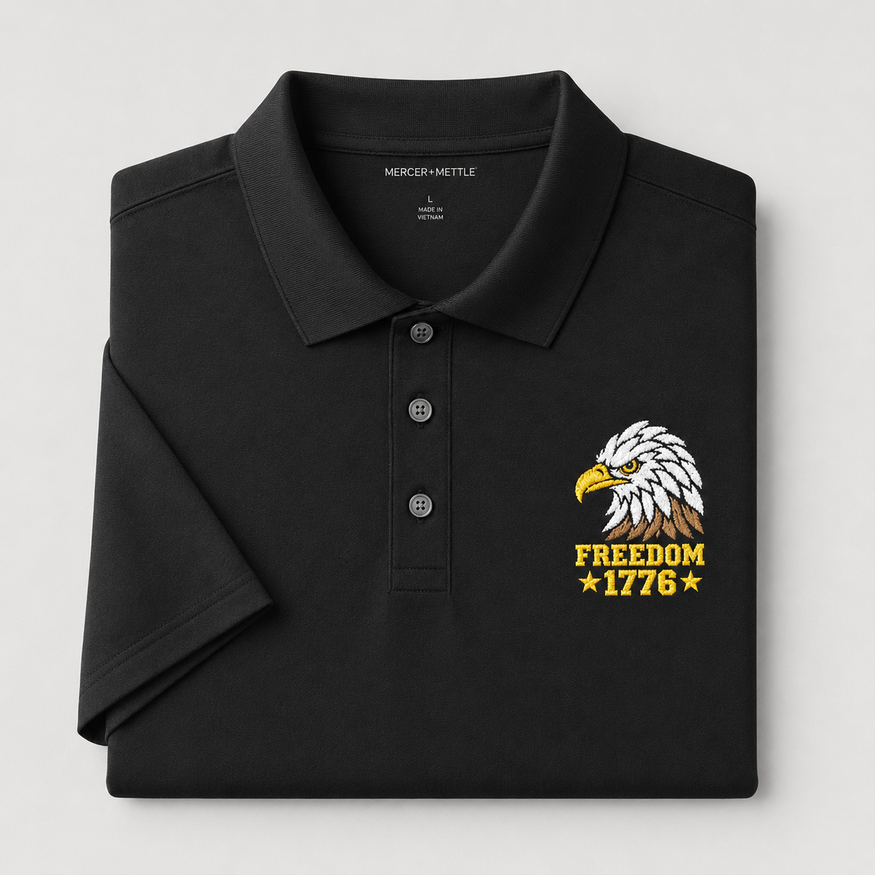 Freedom Eagle 1776 Embroidered Polo Shirt | USA Patriotic Performance Polo | Premium Mercer+Mettle Golf Polo Embroidery - Black Polo