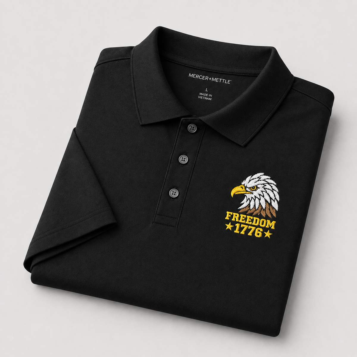 Freedom Eagle 1776 Embroidered Polo Shirt | USA Patriotic Performance Polo | Premium Mercer+Mettle Golf Polo Embroidery - Black Polo
