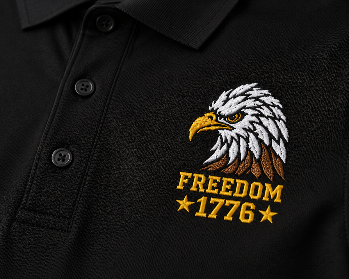 Freedom Eagle 1776 Embroidered Polo Shirt | USA Patriotic Performance Polo | Premium Mercer+Mettle Golf Polo Embroidery - Black Polo