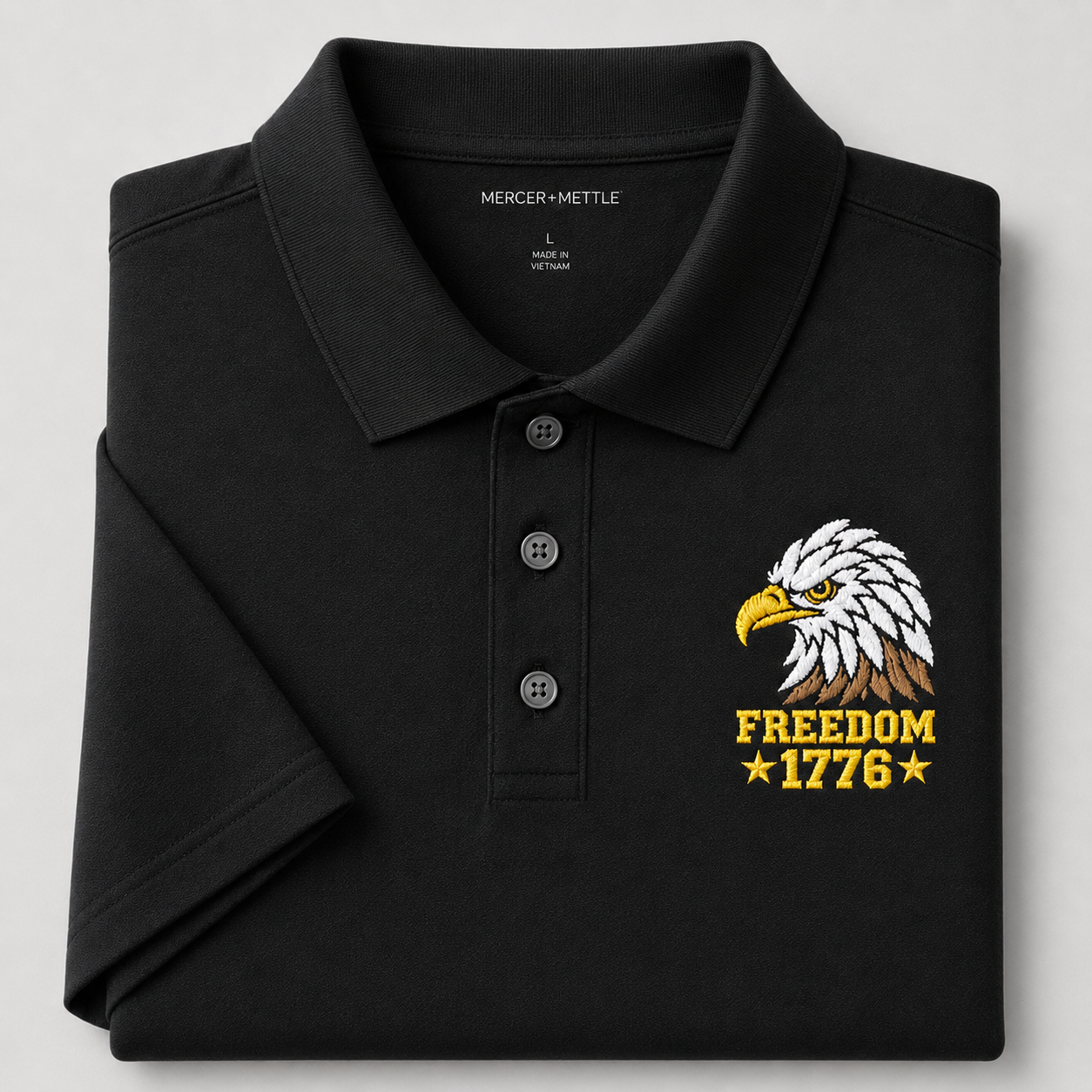 Freedom Eagle 1776 Embroidered Polo Shirt | USA Patriotic Performance Polo | Premium Mercer+Mettle Golf Polo Embroidery - Black Polo