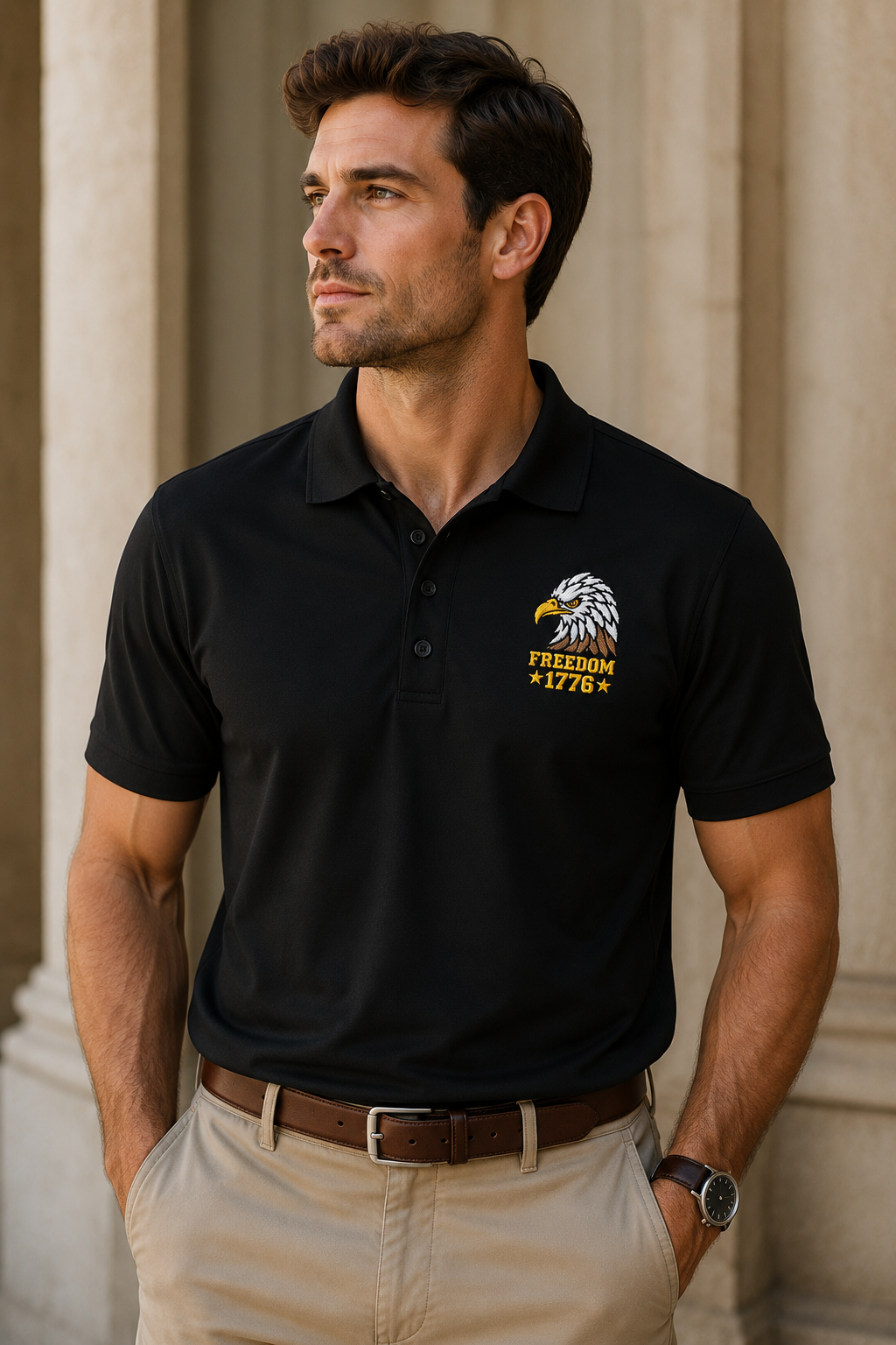 Freedom Eagle 1776 Embroidered Polo Shirt | USA Patriotic Performance Polo | Premium Mercer+Mettle Golf Polo Embroidery - Black Polo