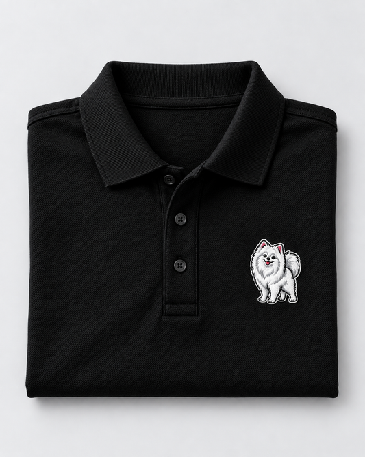 White Pomeranian Embroidered Polo Shirt, Black Unisex Pom Dog Polo.