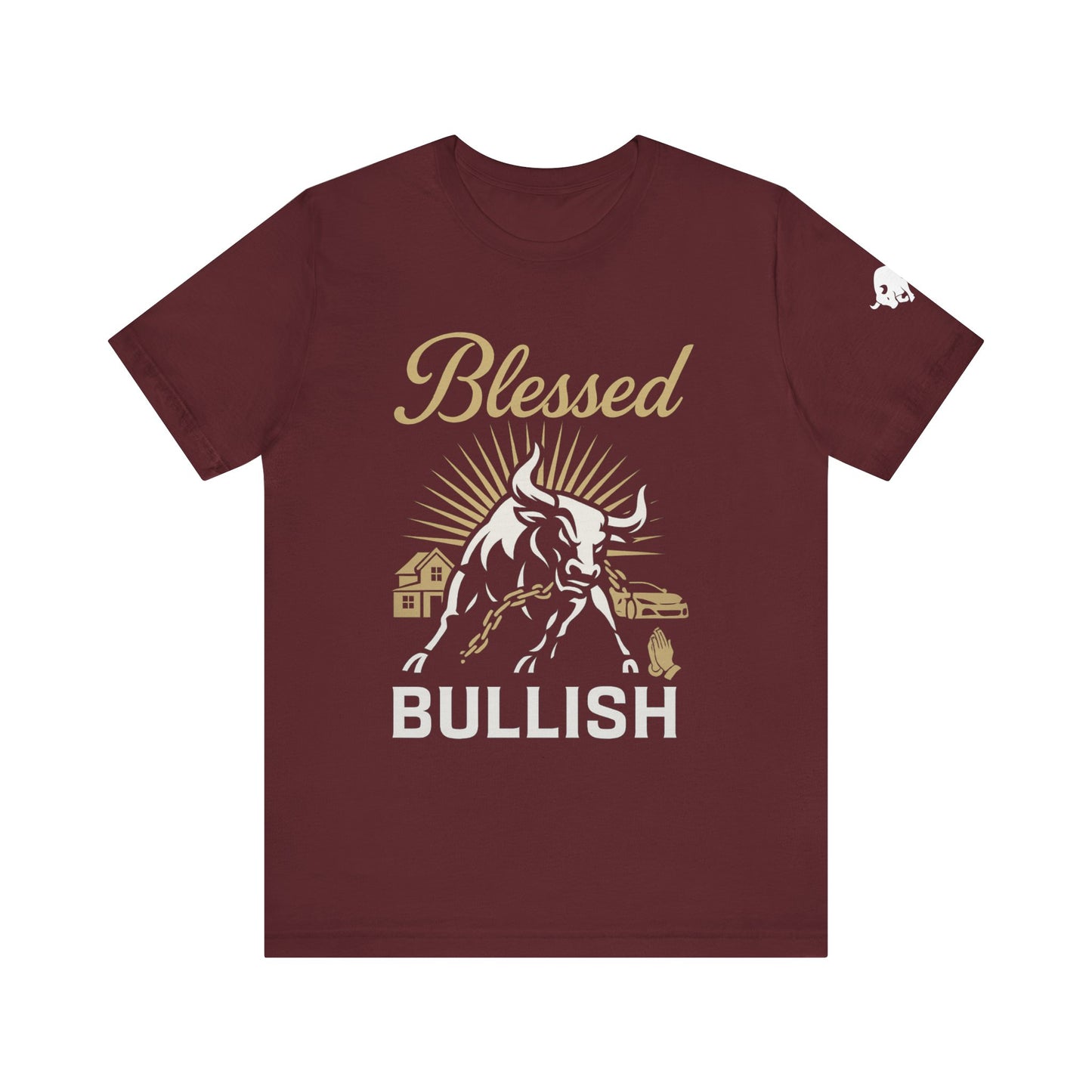Luxury Crypto Tee - Blessed and Bullish Gold Bull Faith & Finance Design by TheBullThread