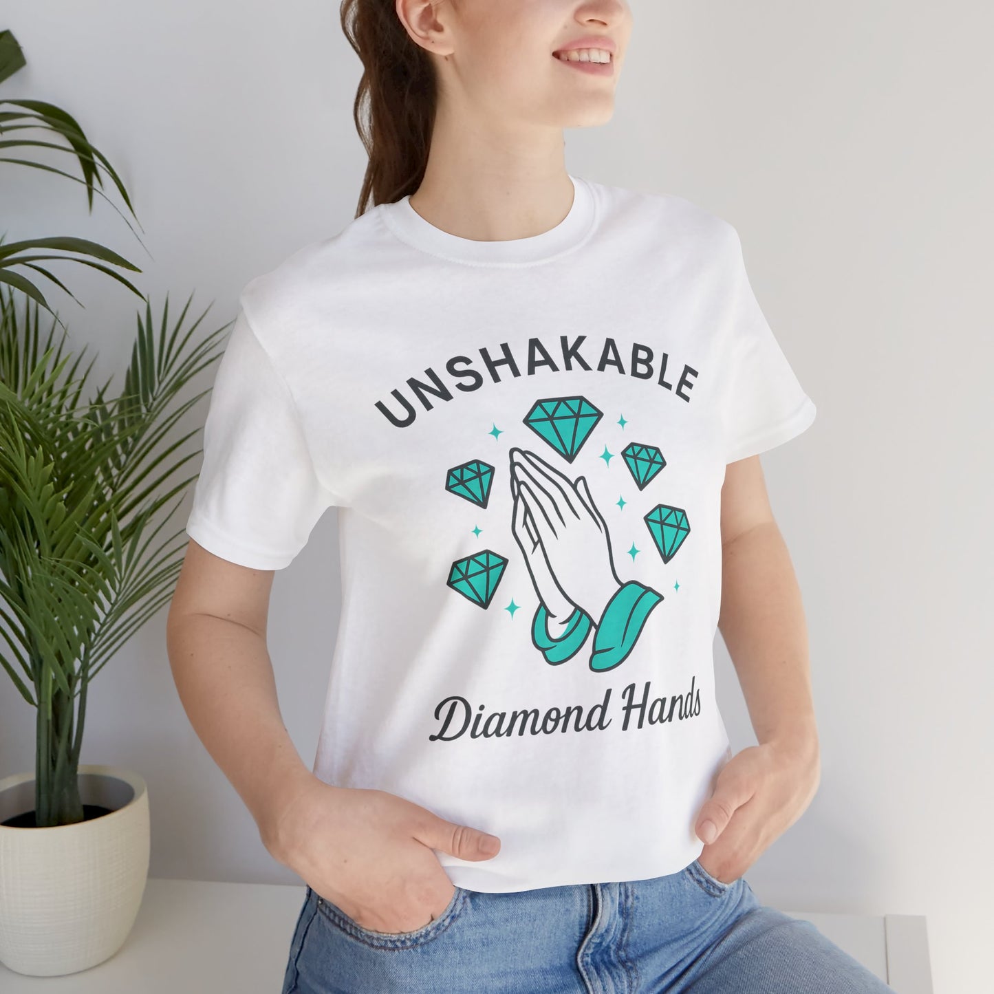 Premium Crypto Graphic Tee – Diamond Hands Praying Turquoise Design for HODLers by TheBullThread