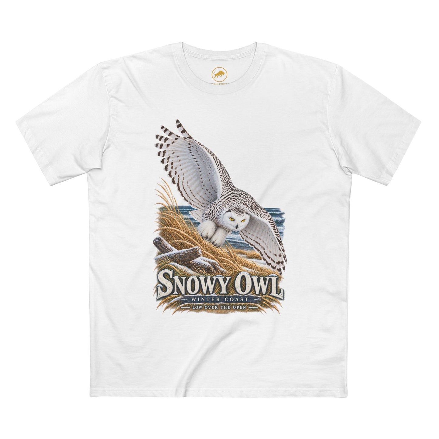 Snowy Owl Birding T-Shirt - Winter Coast Wildlife Graphic Tee, Bubo scandiacus.