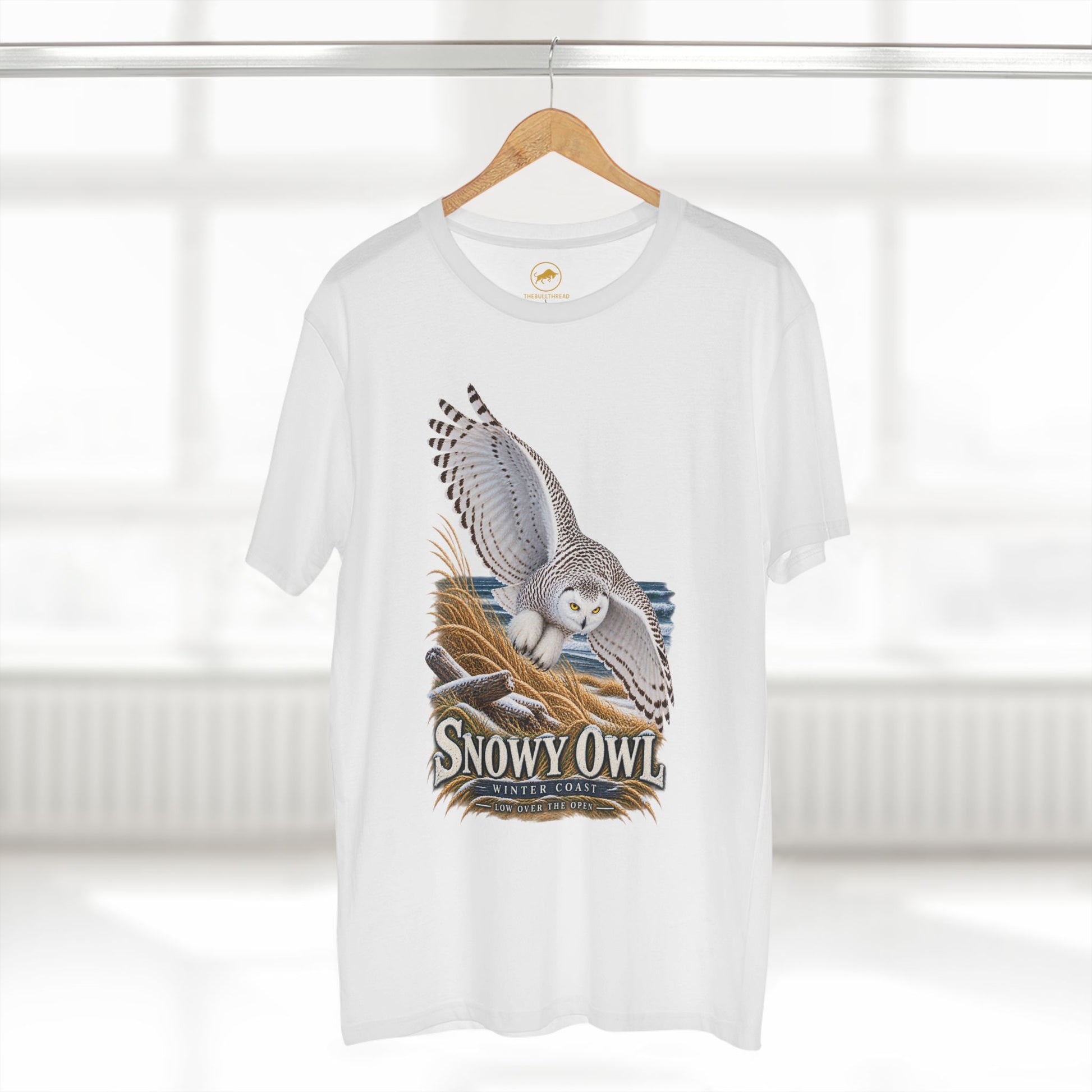 Snowy Owl Birding T-Shirt - Winter Coast Wildlife Graphic Tee, Bubo scandiacus.