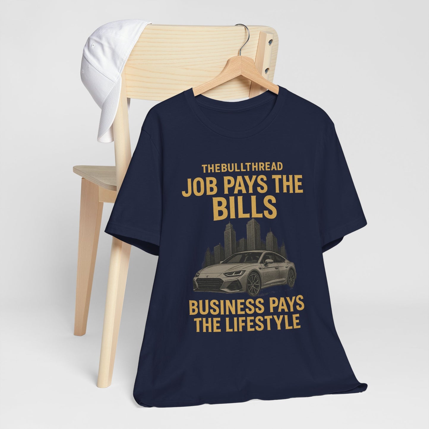 Premium Gold Motivational Streetwear Tee by The BullThread | Job Pays the Bills Business Pays the Lifestyle | Luxury Investor Shirt