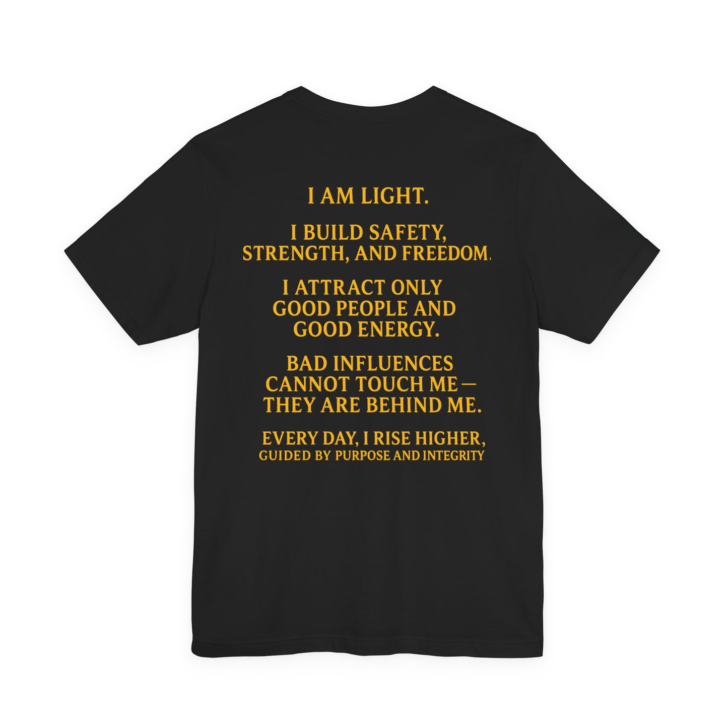 I Am Light Motivational Shirt - Gold Sunburst Beam Graphic Tee | Premium Black Streetwear with Inspirational Quote Back | TheBullThread