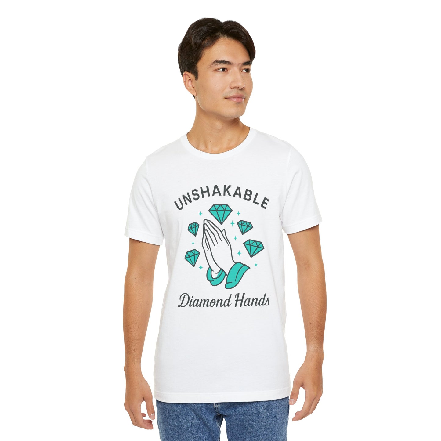 Premium Crypto Graphic Tee – Diamond Hands Praying Turquoise Design for HODLers by TheBullThread
