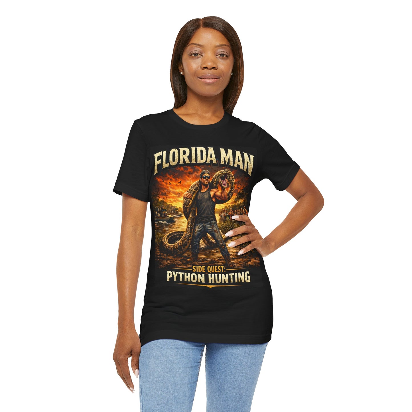 Florida Man Python Hunting Shirt, Funny Florida Meme Tee, Everglades Gator Hunter Graphic T-Shirt, Florida Gift for Men, Black Graphic Tee.