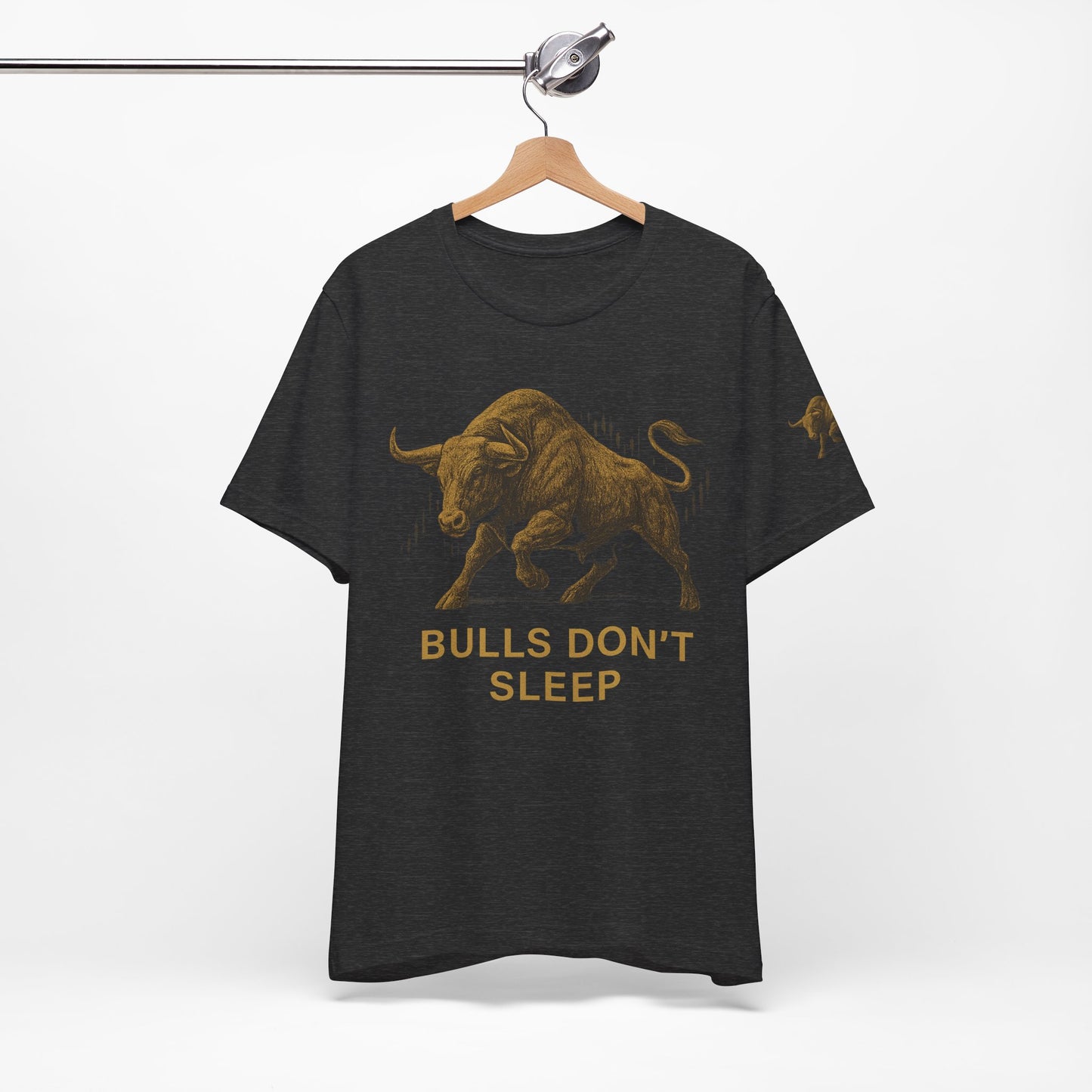Luxury Crypto Trader T-Shirt - Bulls Don’t Sleep Gold Charging Bull Design by TheBullThread