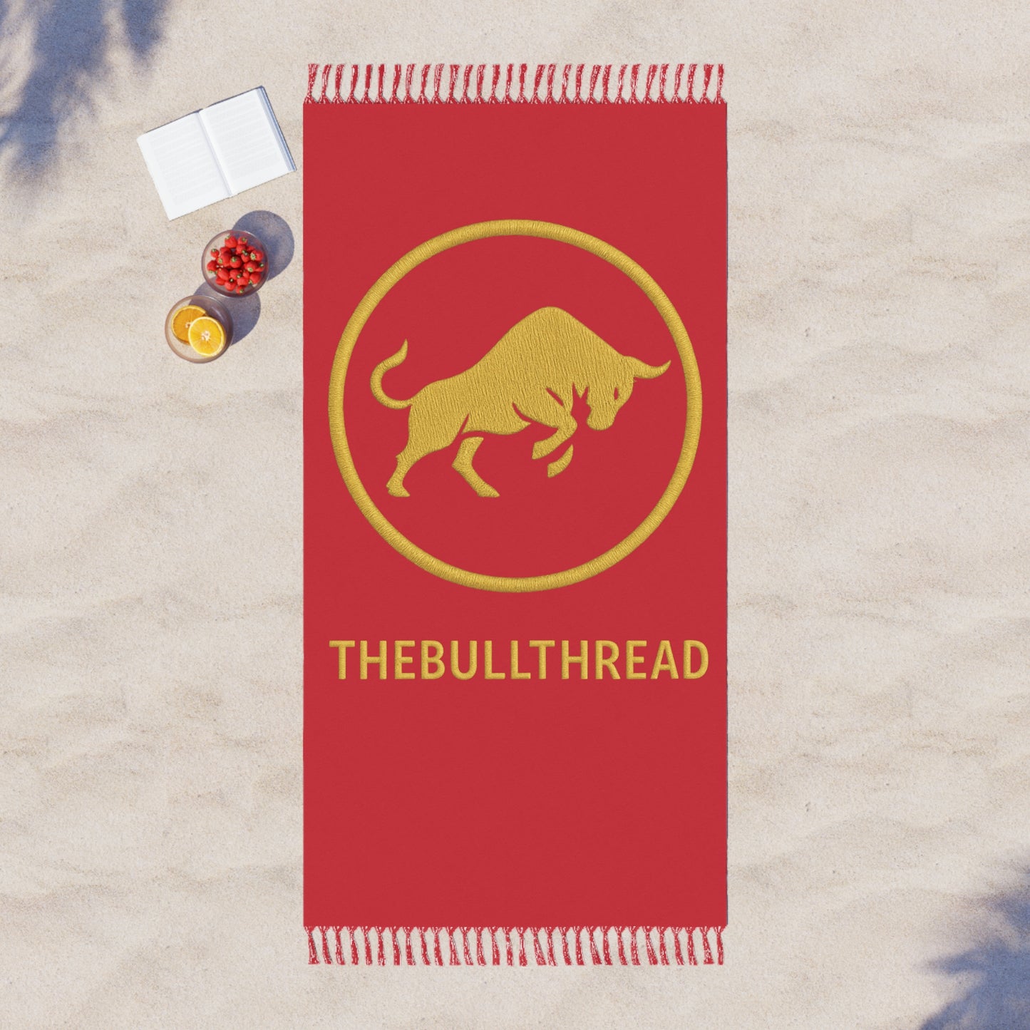 Premium Boho Beach Blanket - Dark Red with Golden Ring & Bull by TheBullThread