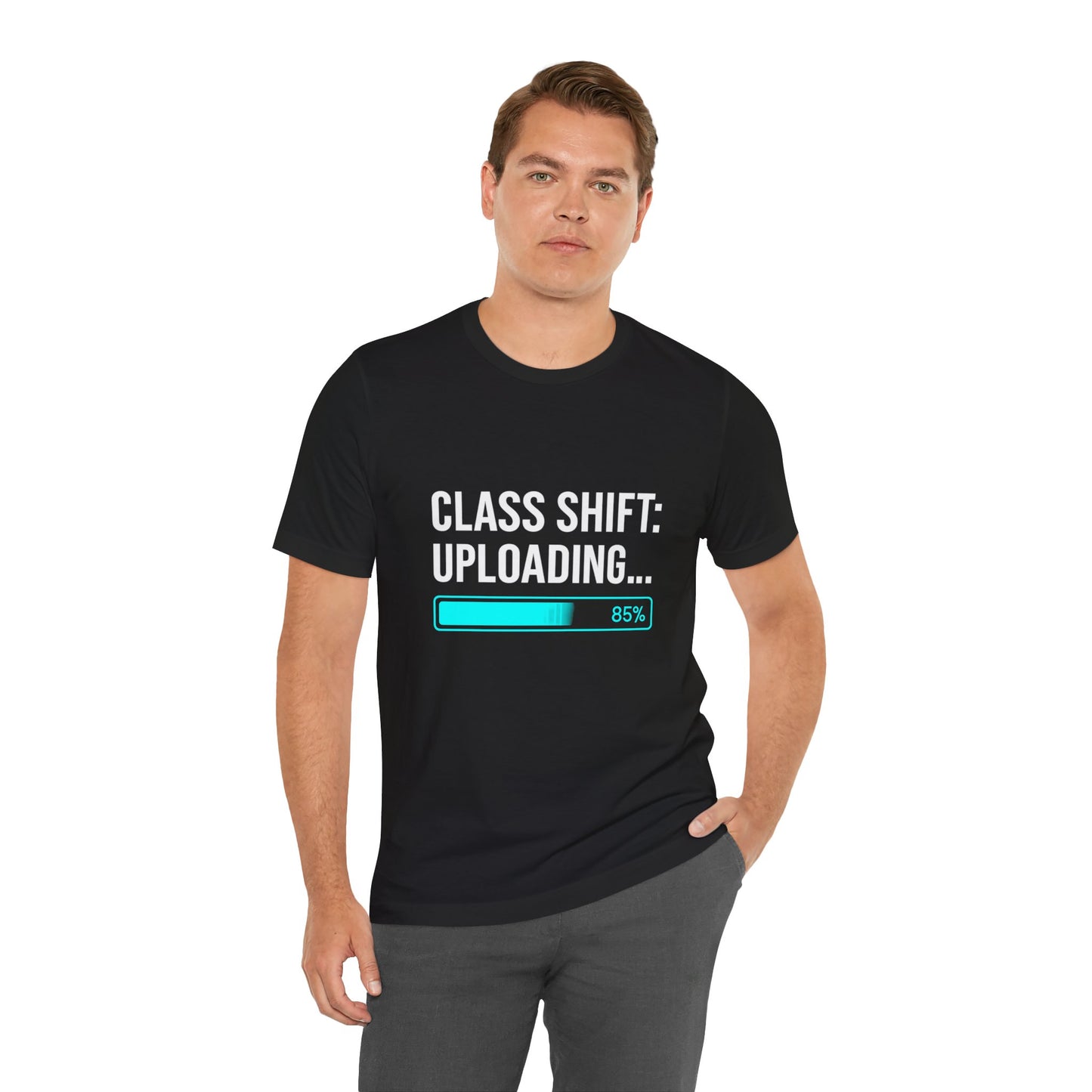 Premium Crypto Investor Shirt – “Class Shift: Uploading…” Neon Progress Bar Design by TheBullThread