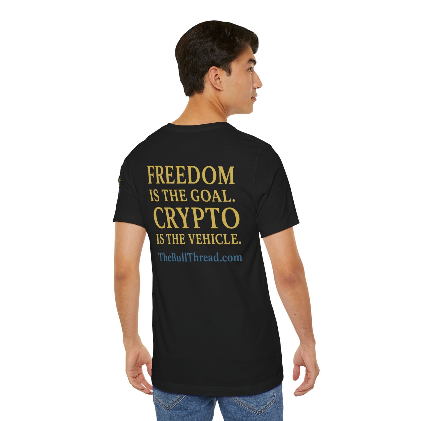 Premium Crypto T-Shirt - Bullish Freedom Gold & Blue Bull Print by TheBullThread