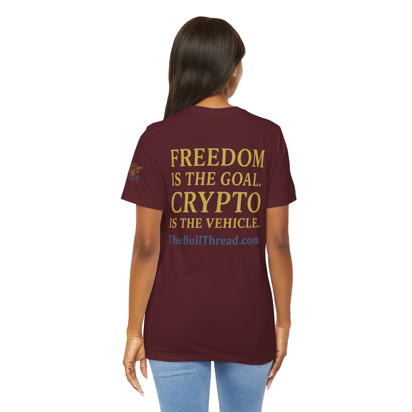 Premium Crypto T-Shirt - Bullish Freedom Gold & Blue Bull Print by TheBullThread