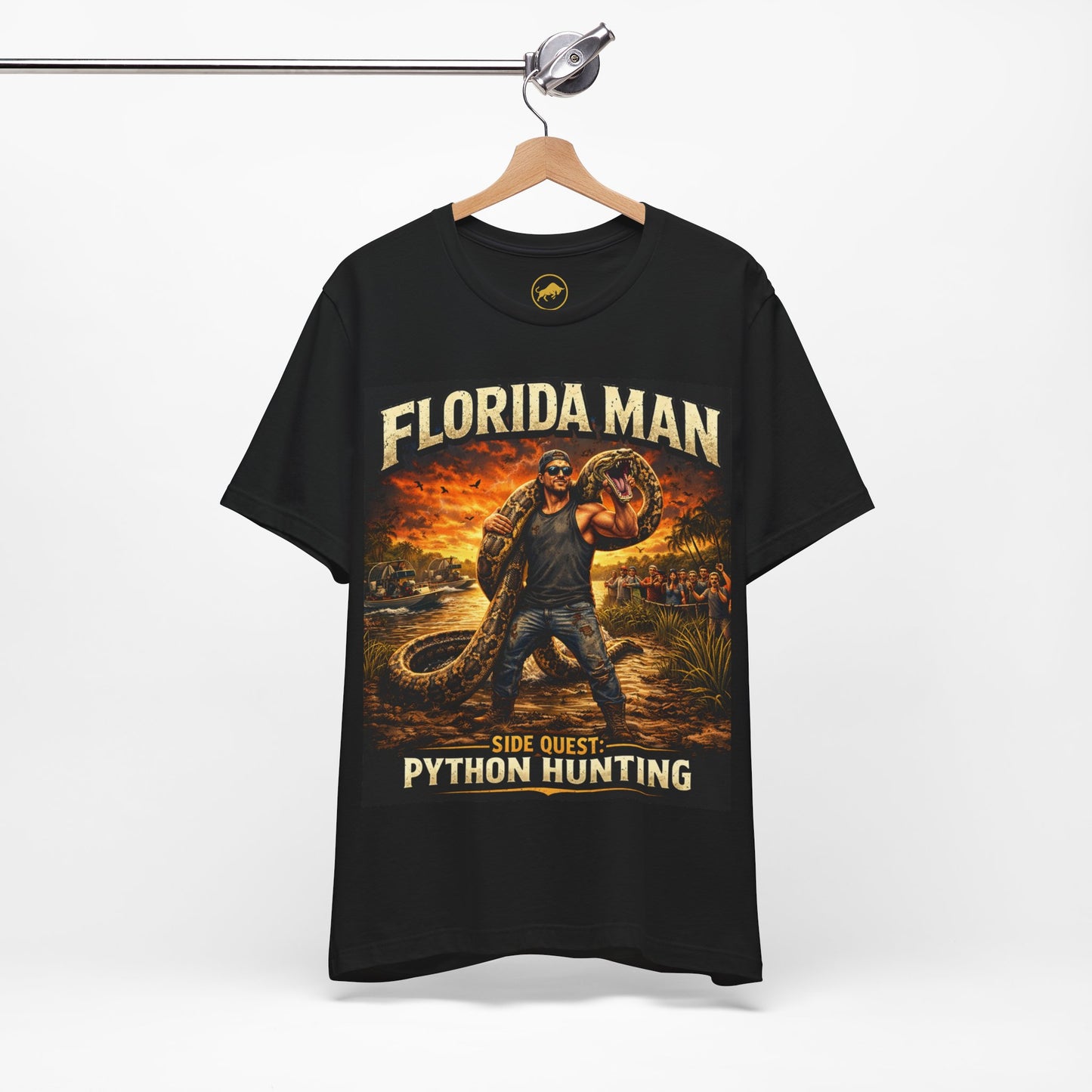 Florida Man Python Hunting Shirt, Funny Florida Meme Tee, Everglades Gator Hunter Graphic T-Shirt, Florida Gift for Men, Black Graphic Tee.