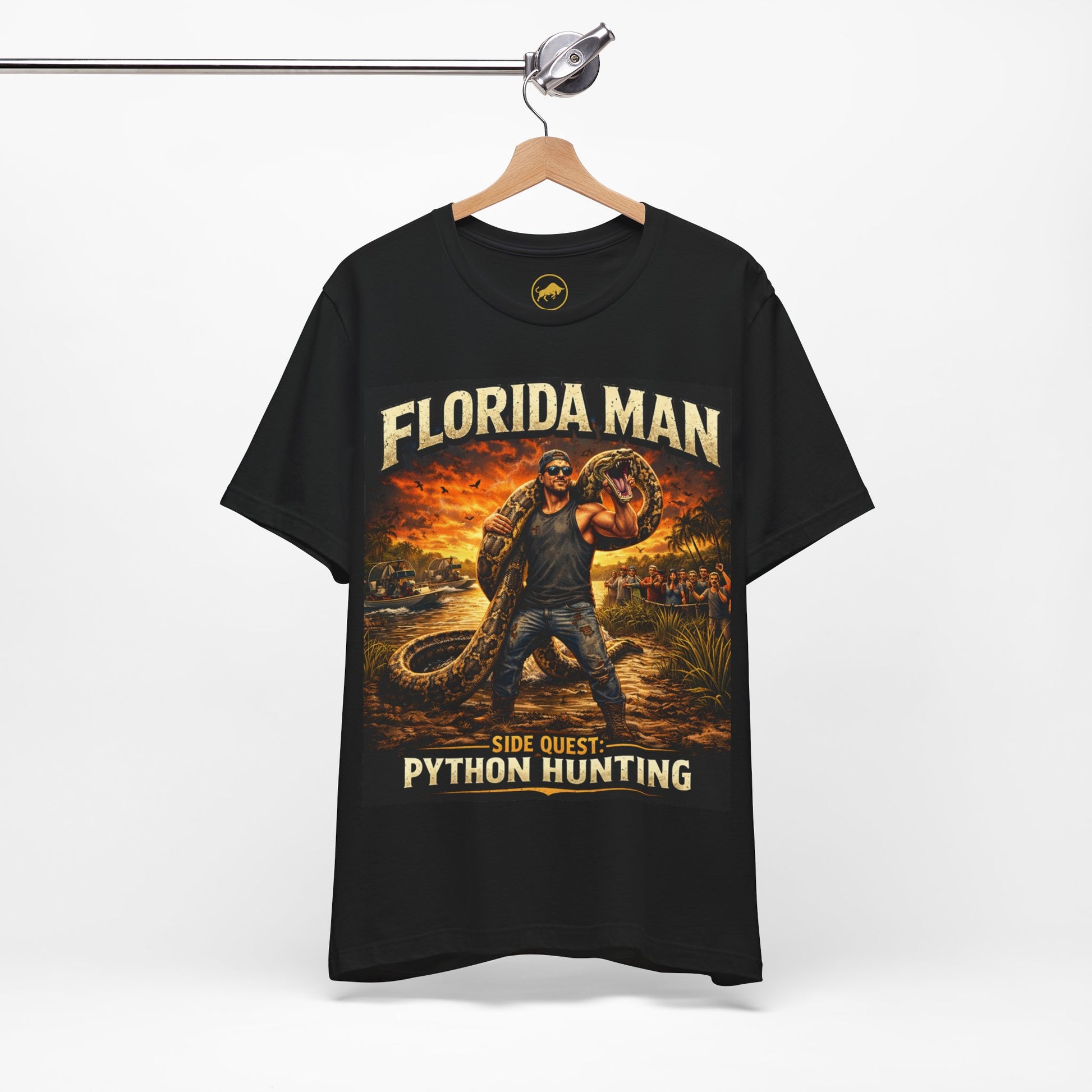 Florida Man Python Hunting Shirt, Funny Florida Meme Tee, Everglades Gator Hunter Graphic T-Shirt, Florida Gift for Men, Black Graphic Tee.