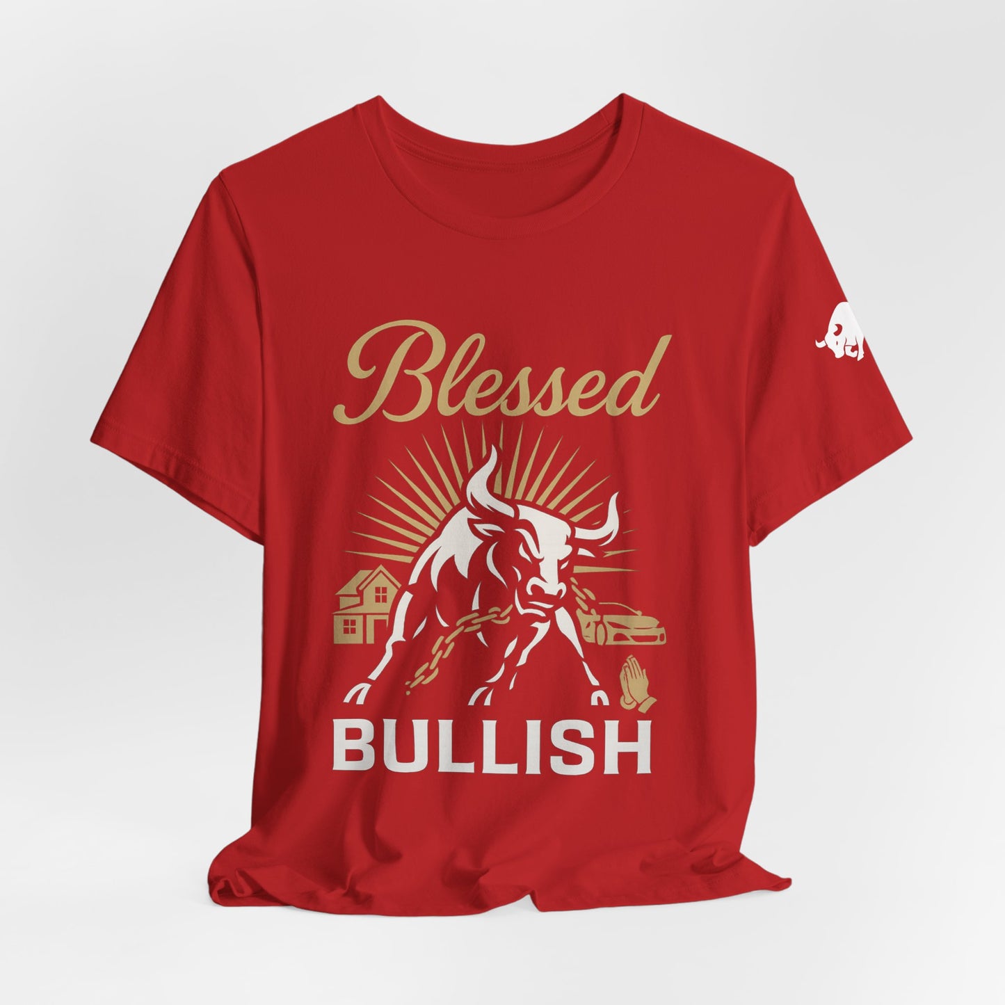 Luxury Crypto Tee - Blessed and Bullish Gold Bull Faith & Finance Design by TheBullThread