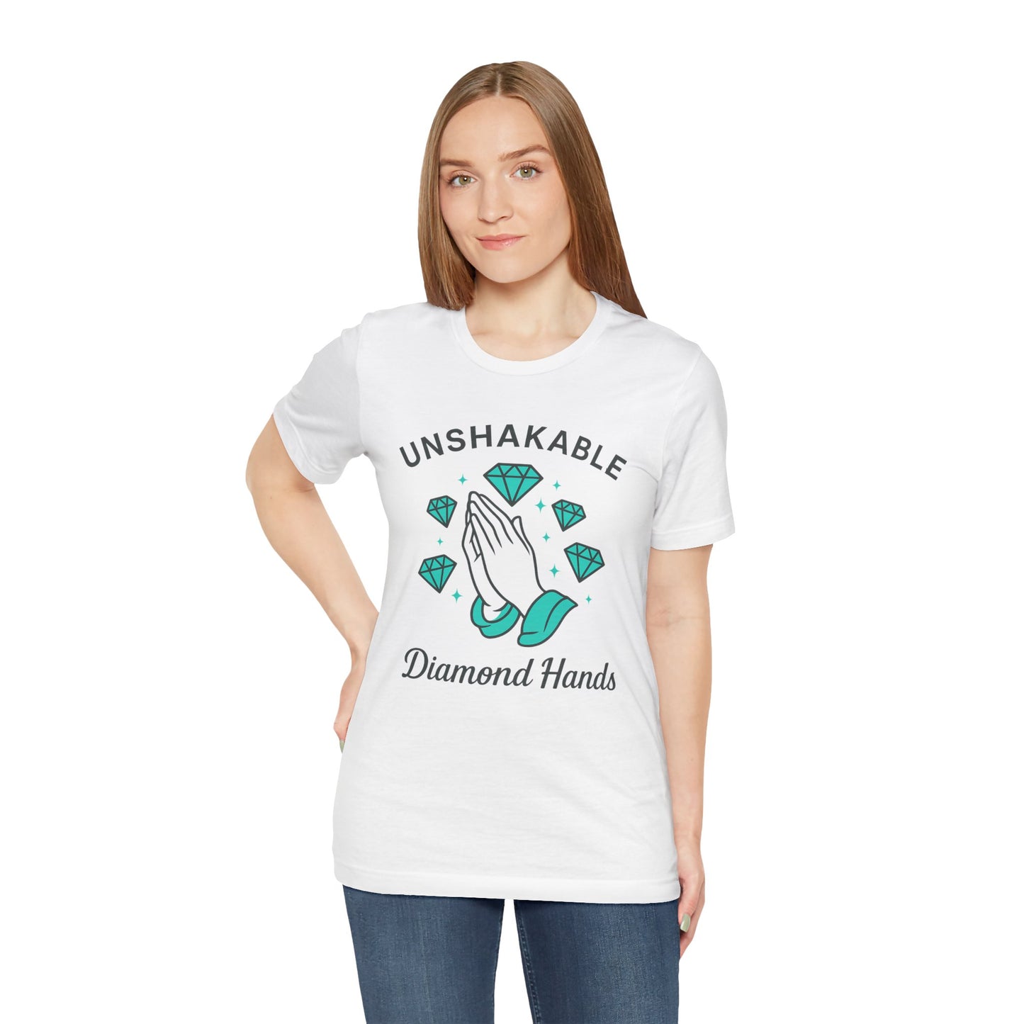 Premium Crypto Graphic Tee – Diamond Hands Praying Turquoise Design for HODLers by TheBullThread