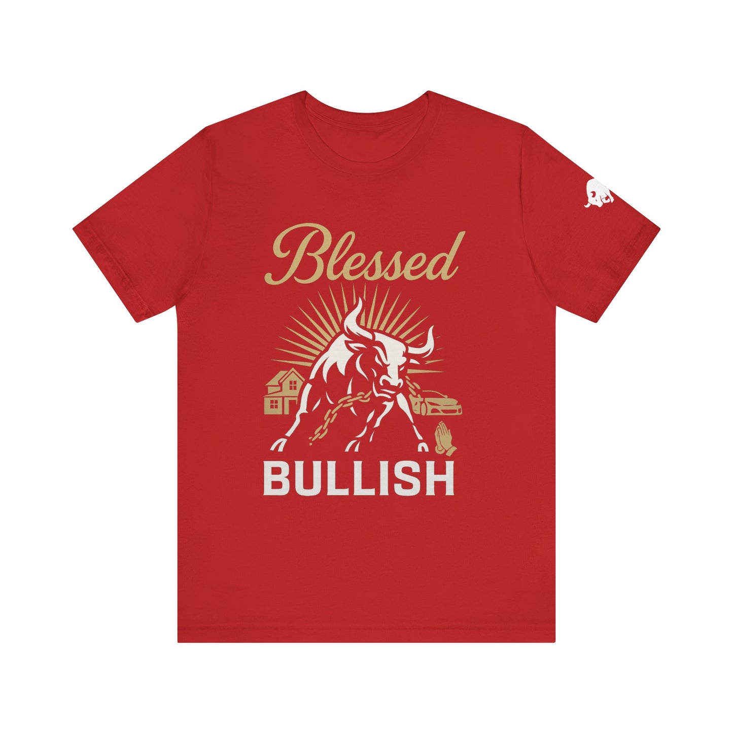 Luxury Crypto Tee - Blessed and Bullish Gold Bull Faith & Finance Design by TheBullThread