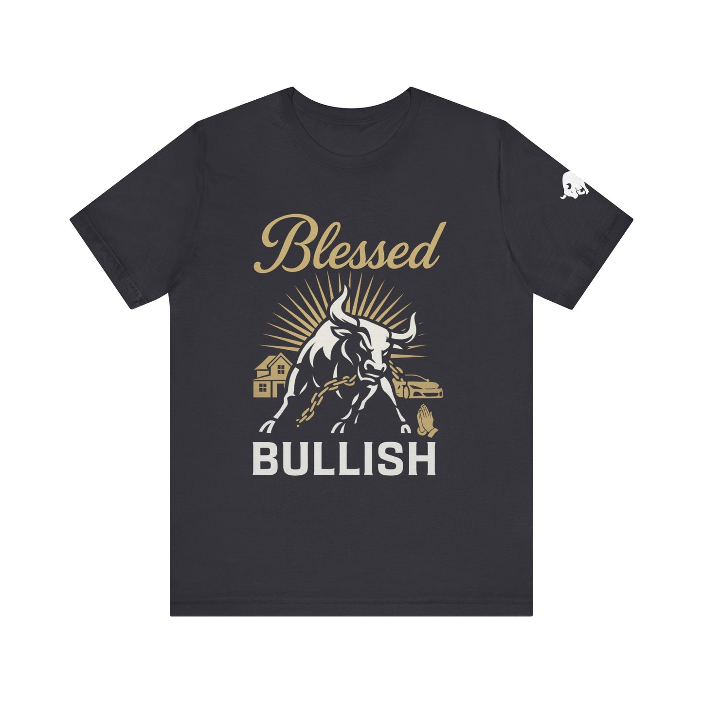 Luxury Crypto Tee - Blessed and Bullish Gold Bull Faith & Finance Design by TheBullThread