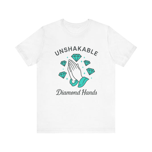 Premium Crypto Graphic Tee – Diamond Hands Praying Turquoise Design for HODLers by TheBullThread