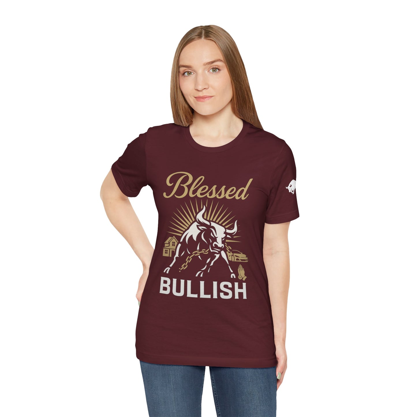 Luxury Crypto Tee - Blessed and Bullish Gold Bull Faith & Finance Design by TheBullThread