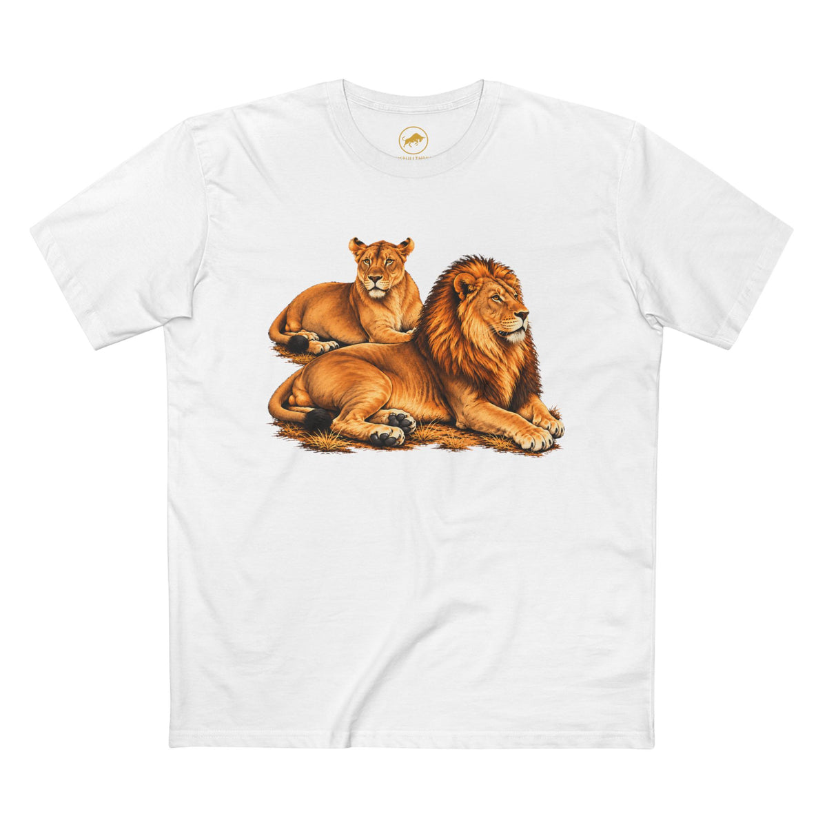 Lion and Lioness Shirt, Golden African Wildlife Graphic Tee in Black.
