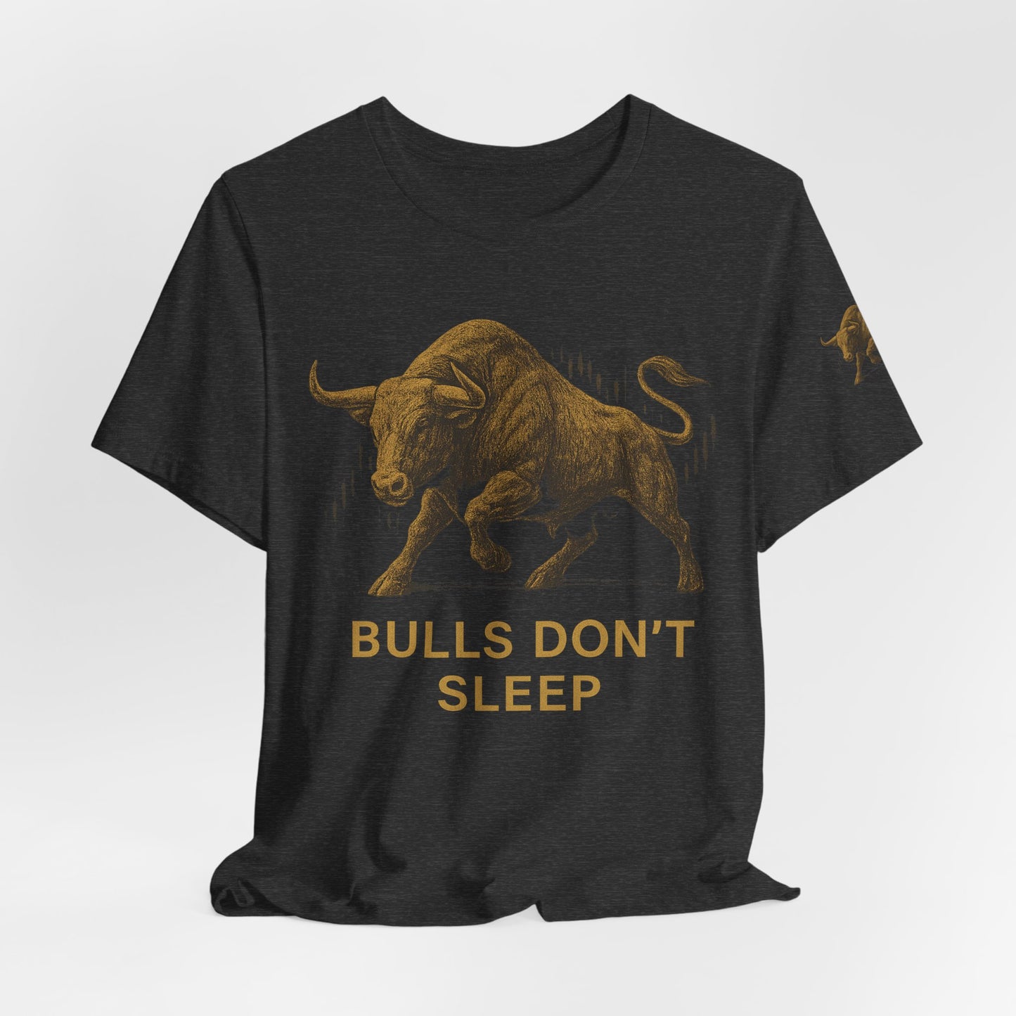 Luxury Crypto Trader T-Shirt - Bulls Don’t Sleep Gold Charging Bull Design by TheBullThread