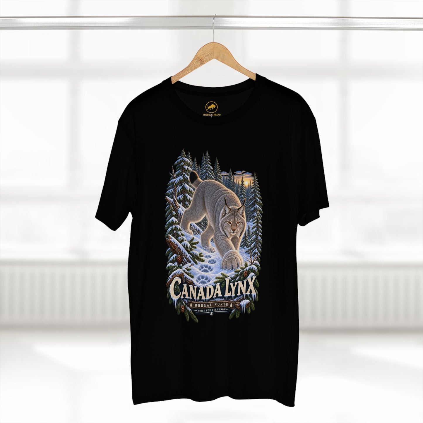 Canada Lynx T-Shirt, Boreal Forest Wildlife Graphic, Deep Snow Wild Cat Design