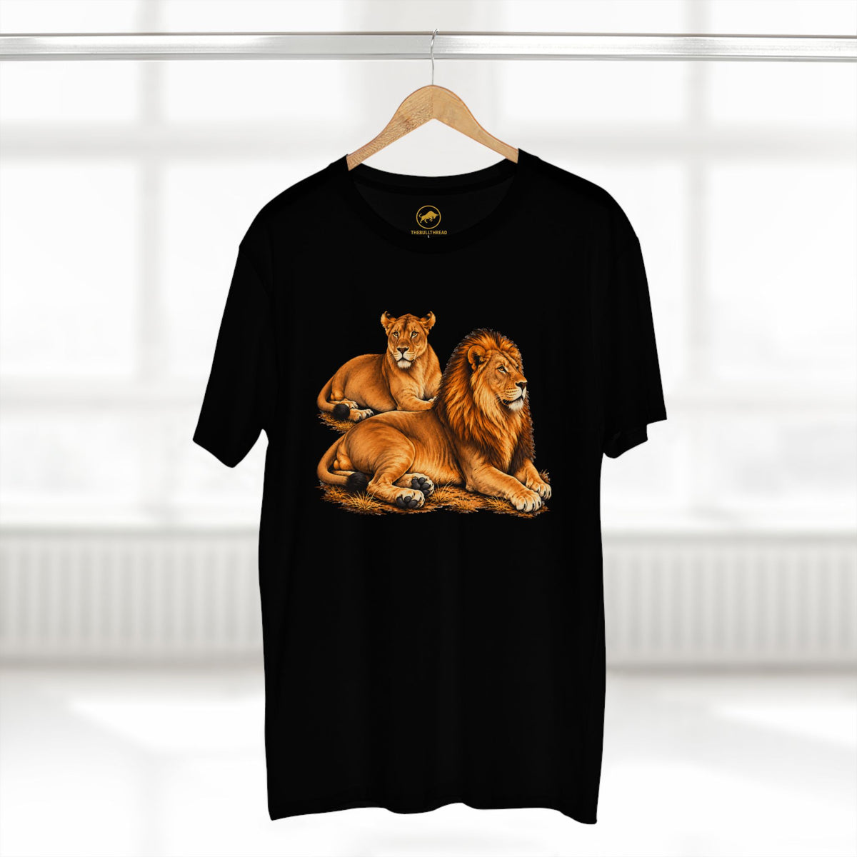 Lion and Lioness Shirt, Golden African Wildlife Graphic Tee in Black.