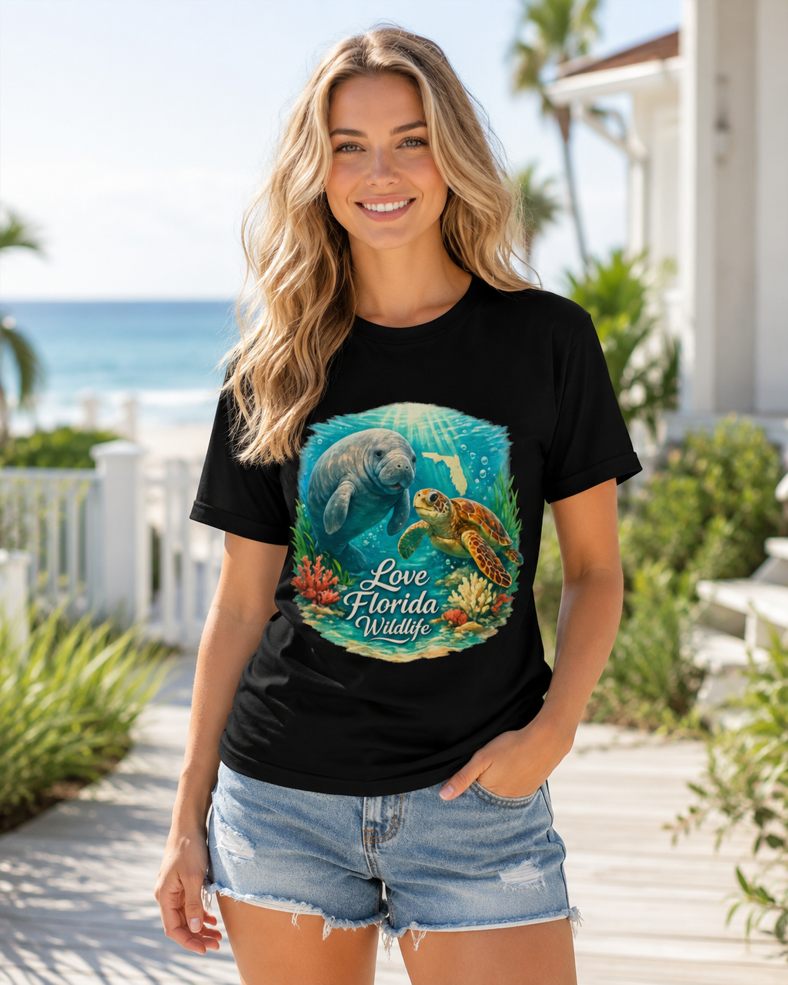 Love Florida Wildlife Shirt, Manatee and Sea Turtle Tee, Florida Coastal Graphic T-Shirt, Premium AS Colour 5001 Nature Gift